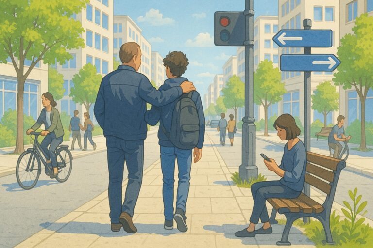 Piirretty kuva aikuisesta ja nuoresta kävelemässä kadulla, sivussa ihmisiä istumassa ja pyöräilemässä.